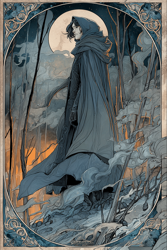 Wanderer with a cloak stays among burned  down trees on a gray ash land