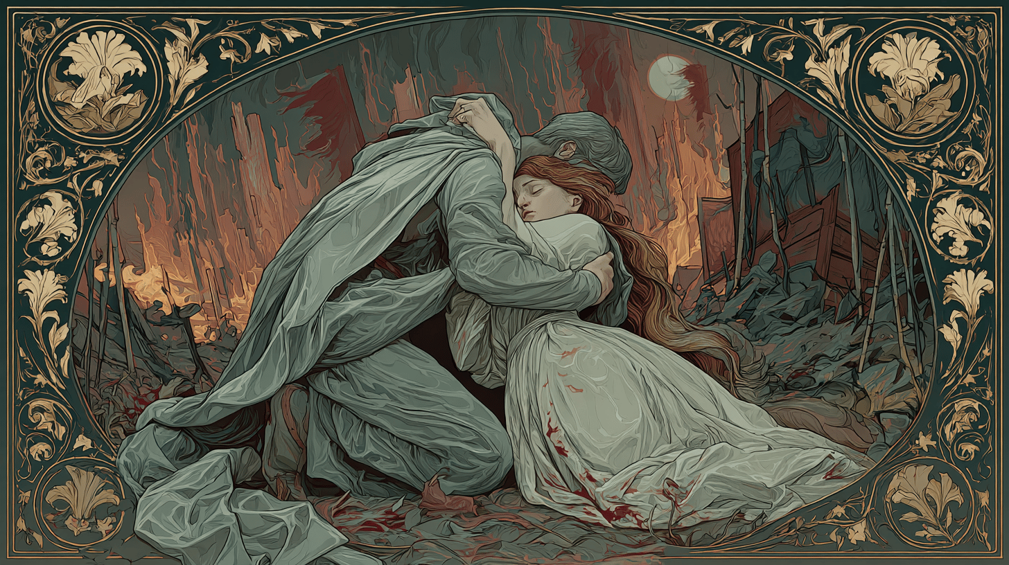 Wanderer with a cloak stands on his knees and holds the dead body of his girlfriend