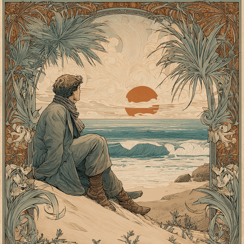 Wanderer sitting on the beach and watching the ocean.